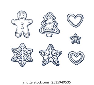 Christmas gingerbread man, star, heart shape, cookie hand drawn Isolated vector illustration set. Gingerbread sketch symbol for menu, holiday poster, new year invitation. Engraving style collection