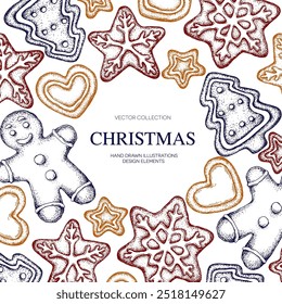 Christmas gingerbread man, star, heart shape, cookie hand drawn Isolated vector illustration set. Gingerbread sketch symbol for menu, holiday poster, new year invitation. Engraving style collection