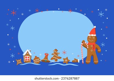 Christmas gingerbread man. Sweets. Holiday cookies, traditional dessert, pastries. House, Christmas tree, snowflakes, stars. Christmas figures. New Year banner, postcard. Winter holiday