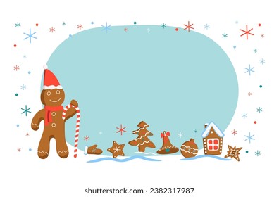 Christmas gingerbread man. Sweets. Holiday cookies, traditional dessert, pastries. House, Christmas tree, snowflakes, stars. Christmas figures. New Year banner, postcard. Winter holiday