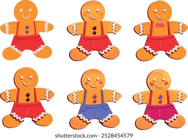 Christmas gingerbread man vector drawing set clip art New Year design decoration element holiday cookie in red pants Hand drawn flat illustration positive Cute character icon happy holidays symbol art