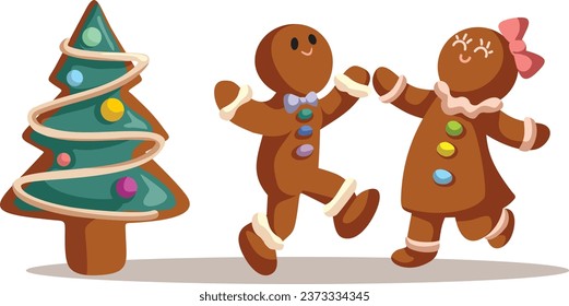 
Christmas Gingerbread Man and Woman Dancing Vector Illustration Characters. Funny couple of traditional biscuit cooking enjoying Xmas carols 
