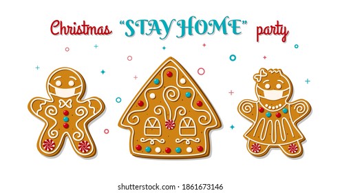 Christmas gingerbread man and woman in face mask on stay home party. Homemade cookies. The symbol is new normal. Vector illustration