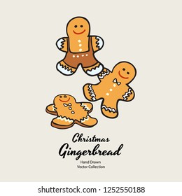 Christmas gingerbread men biscuits hand drawn vector illustration. Vintage traditional bake christmas marzipan glaze biscuits. Isolated vector ginger bread cookies. Christmas baking retro elements.