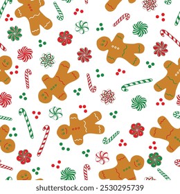 Weihnachten Lebkuchen Männer Kekse und Bonbons in traditionellem Rot und Grün verstreut auf weißem Hintergrund Schaffung eines nahtlosen Muster-Print-Hintergrund