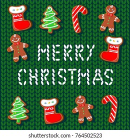 Christmas gingerbread. Merry Christmas. Christmas holiday postcard style. Knitted woolen background. Green.Vector.