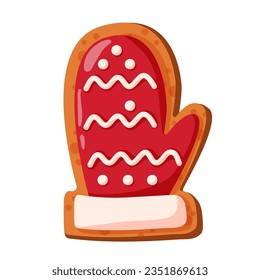 Christmas gingerbread mitten cookies in cartoon style. Winter homemade xmas sweet biscuit with candy and icing decoration. Vector illustration isolated on a white background.