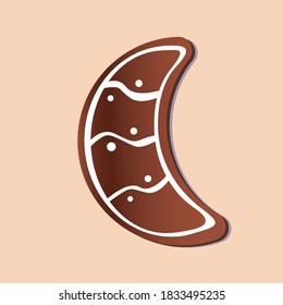 Christmas gingerbread moon. Flat vector stock illustration with chocolate cinnamon cooking. Concept for Christmas night, holiday. Illustration as icon, logo, emblem for design