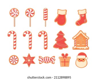 Christmas gingerbread with multicolored glaze. Festive candies. A set of gingerbread cookies for winter holidays. Vector illustration