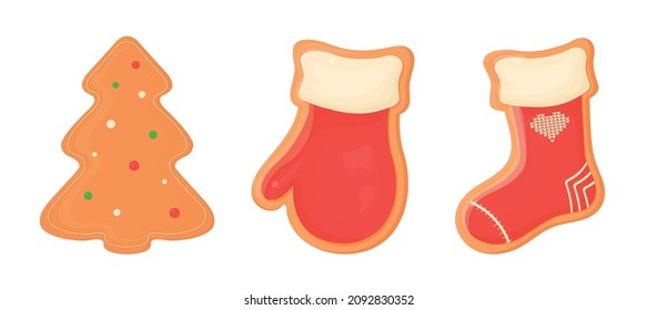 Christmas gingerbread with multicolored glaze. Set of gingerbread cookies: a Christmas tree, a mitten, a sock. Vector illustration.