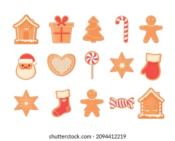 Christmas gingerbread with multicolored glaze. Set of gingerbread cookies food for winter holidays. Vector illustration