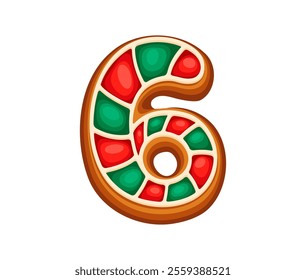 Christmas gingerbread number six decorated with red and green icing. Cartoon vector numeral 6 math symbol font, xmas typeface, new year pastry cookie type, epitomizing festive seasonal holiday spirit