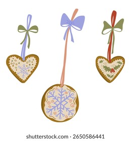 Christmas Gingerbread on Bow Ribbon String with Snowflake, Holly Berry. Food Market Street Food. Vintage Cartoon Colorful Hand Drawing Element. Xmas Cozy Aesthetic Vibes. Vector Illustration Isolated