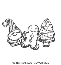 Christmas Gingerbread outline vector illustration. Hand drawn Xmas cookies in shape of funny man, gnome with beard and hat and Christmas tree, sketch ginger sweet treat with icing and glaze decoration