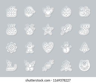 Christmas Gingerbread paper cut icons set. 3D sign kit of xmas cookie. Sweet pictogram christmas tree, house, holly. Simple christmas gingerbread vector paper carved icon shape. Material design symbol