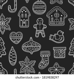 Christmas gingerbread pattern with cookies, house, man, white glaze for decoration. Biscuit for happy New Year. Vector illustration in doodle style, isolated on black chalkboard background.
