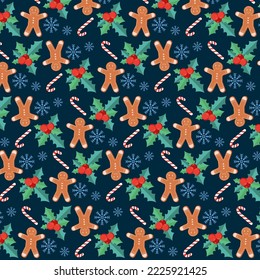 Christmas gingerbread pattern. Festive background with gingerbread cookies, candy cane, winter plant, decor, snowflakes. Vector illustration in a flat style on a dark blue background.Holiday card