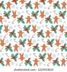 Christmas gingerbread pattern. Festive background with gingerbread cookies, candy cane, winter plant, decor, snowflakes. Vector illustration in a flat style on a white blue background.Holiday card