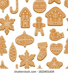 Christmas gingerbread pattern with sweet cookies, white icing for decoration. Traditional biscuit for xmas dinner. Vector illustration in flat cartoon style, isolated on white chalkboard background.