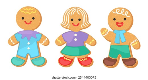 Navidades Formas de galletas de personas de jengibre. Personajes de galletas de azúcar de Navidad. Lindo hombre de jengibre, mujer, niña, chico figuras de pan corto. Navidades Ilustración vectorial de dibujos animados de panadería casera.