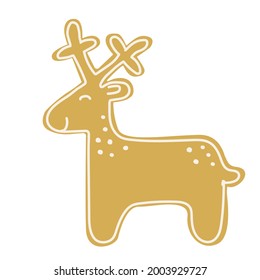 Christmas gingerbread reindeer. Hand drawn vector illustration. Great for Xmas, New year design, greeting cards. Cute biscuit.