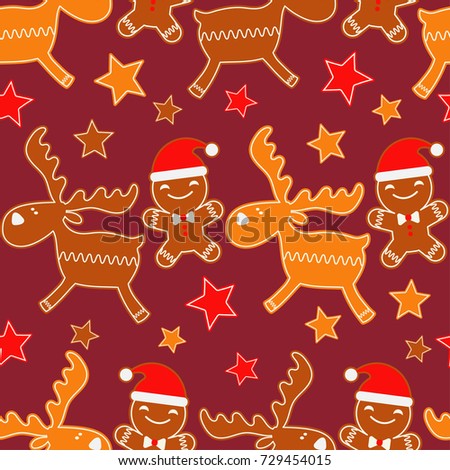 Christmas Gingerbread reindeer. Seamless background. Gingerbread pattern. Cute cartoon Gingerbread. Textile rapport.