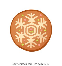 Christmas gingerbread round cookie, biscuit of circle shape with snowflake icing ornament vector illustration