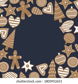 Christmas gingerbread round frame with copyspace. Cute hand drawn xmas cookies greeting card. 
