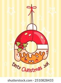 Christmas gingerbread Santa Claus hanging on string. Festive New Year greeting card with delicious traditional pastries kawaii cartoon character. Vector illustration. Kids collection.