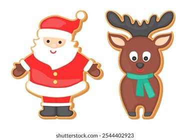 Navidades de pan de jengibre Santa Claus y Formas de galletas de reno. Personajes de galletas de azúcar de Navidad. Lindo pan de jengibre Santa y figuras de ciervo de pan de mantequilla. Navidades Ilustración vectorial de dibujos animados panadería casera.