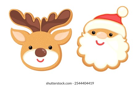 Navidades de pan de jengibre Santa Claus y Formas de galletas de reno. Personajes de galletas de azúcar de Navidad. Lindo pan de jengibre cara de Santa y cordero cabeza de cordero. Navidades Ilustración vectorial de dibujos animados panadería casera.