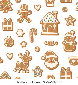 Christmas gingerbread seamless pattern. Background of gingerbread men, houses, Christmas trees and other shapes.