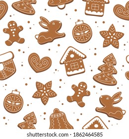 Patrón sin fisuras del pan de jengibre de Navidad. Campana, corazón, hombre, calcetín, árbol, estrella, bola, conejito, casa. Ilustración vectorial culinaria.