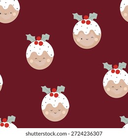 Christmas Gingerbread Seamless Pattern in Cartoon. Sweet Holiday Cookies Design. Maroon Background