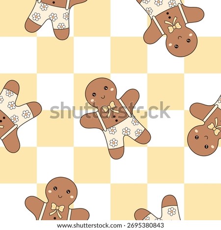 Christmas Gingerbread Seamless Pattern in Cartoon Style. Sweet Holiday Cookies Design. Checkered Festive Repeat Background