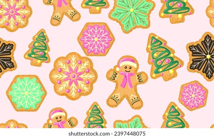 Christmas gingerbread seamless pattern. Figures decorated with cream and glaze. Christmas tree. Vector