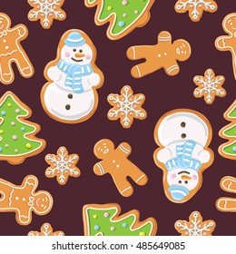 Christmas gingerbread seamless pattern. Ginger cookies on dark background. Vector illustration. Cute Xmas background  for wallpaper, gift paper, pattern fills, textile,  greetings cards