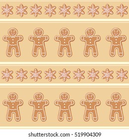 Christmas gingerbread seamless pattern. Ginger cookies on beige background. Vector illustration. Cute Xmas background for wallpaper, gift paper, pattern fills, textile, greetings cards