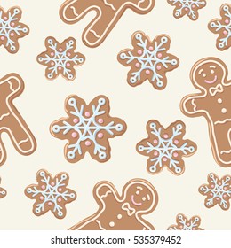 Christmas gingerbread seamless pattern. Ginger cookies on white background. Vector illustration. Cute Xmas background for wallpaper, gift paper, pattern fills, textile, greetings cards