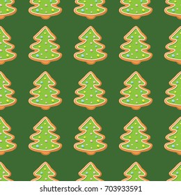 Christmas gingerbread seamless pattern. Ginger cookies on green background. Vector illustration. Cute Xmas background for wallpaper, gift paper, pattern fills, textile, greetings cards