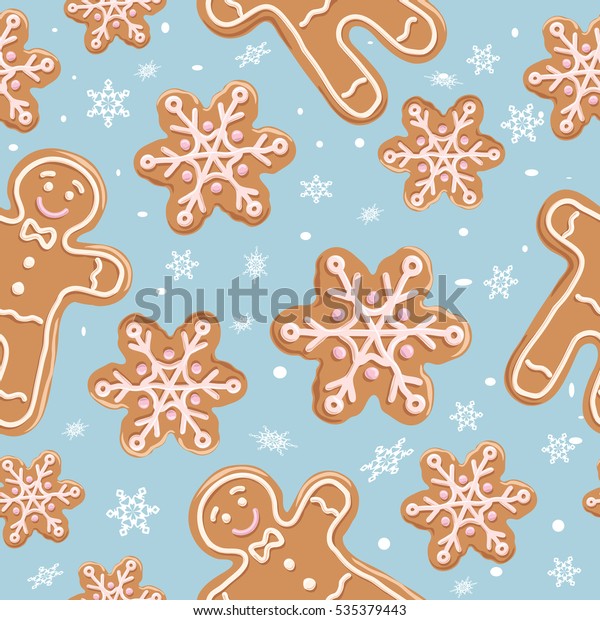 シームレスな模様のクリスマスジンジャーパン 青の背景に生姜のクッキー ベクターイラスト 壁紙 ギフト紙 模様の塗りつぶし 繊維 グリーティングカード用の かわいいクリスマス背景 のベクター画像素材 ロイヤリティフリー