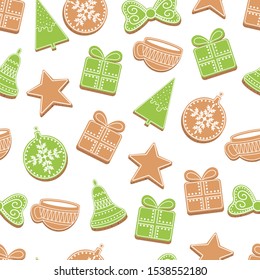 Christmas gingerbread seamless pattern with green and white glaze pattern