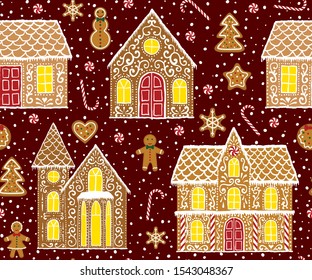 Christmas gingerbread seamless pattern with gingerbread houses on dark red background