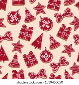 Christmas gingerbread seamless pattern with red icing with a pattern on a beige background