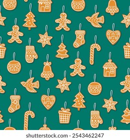 Christmas gingerbread seamless pattern.Cookies of various shapes decorated with icing. Festive background or texture for printing on fabric and paper.Vector designs set.Flat color food illustration.
