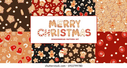 Christmas gingerbread seamless patterns set on dark back. Characters in cartoon style. Holiday design background. New year in scandinavian style.