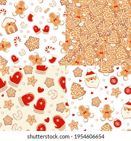 Christmas gingerbread seamless patterns set. Winter characters in cartoon style. Awesome holiday design background. New year in scandinavian style.