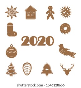 Christmas gingerbread set 2020 design vector icon happy