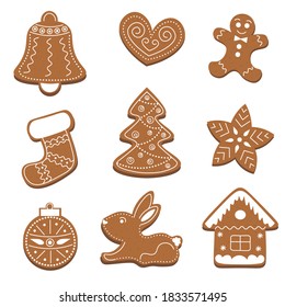 Christmas gingerbread set: bell, heart, man, sock, tree, star, new year's ball, bunny, house. Isolated on white background. Vector illustration. Collection of holiday symbols, icons. 