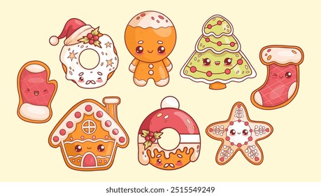 Christmas gingerbread set. Cute man, house, Xmas boot and mitten, tree, star and Santa donut with drops of glaze. Isolated traditional holiday sweet kawaii cartoon characters. Vector illustration